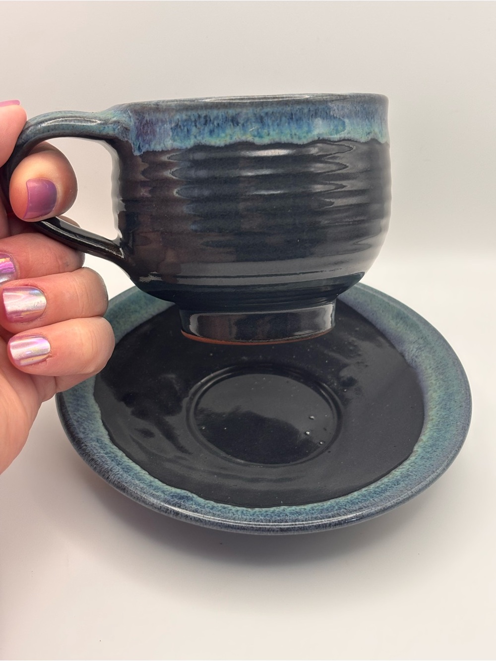 Set of Blue Stoneware Cup and Saucer, Pottery Mug with Drip Glaze